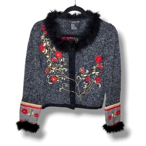 Vintage Ruby Cho Feather Trim Floral Embroidered Cardigan Sweater Holiday Artsy